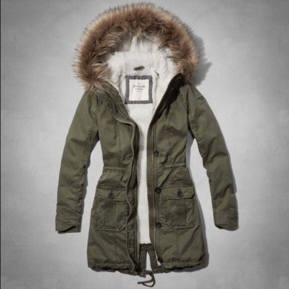 Abercrombie Sz M Olive Green Hooded Sherpa lined Parka Utility Jacket Coat Rare - Picture 1 of 16